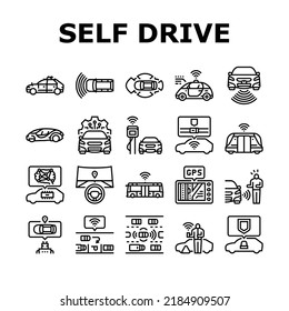 car self vehicle drive smart auto icons set vector. driverless autonomus technology sensor, future automatic system, road transport car self vehicle drive smart auto black contour illustrations