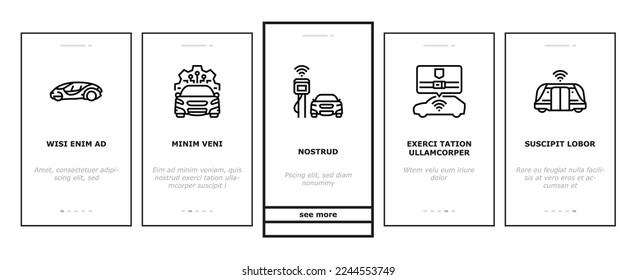 car self vehicle drive smart auto onboarding mobile vector. driverless autonomus technology sensor, future automatic system, road transport car self vehicle drive smart auto color line illustrations