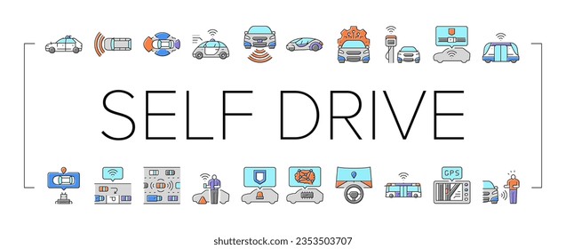 car self vehicle drive smart auto icons set vector. driverless autonomus technology sensor, future automatic system, road transport car self vehicle drive smart auto color line illustrations