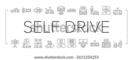 car self vehicle drive smart auto icons set vector. driverless autonomus technology sensor, future automatic system, road transport car self vehicle drive smart auto black contour illustrations