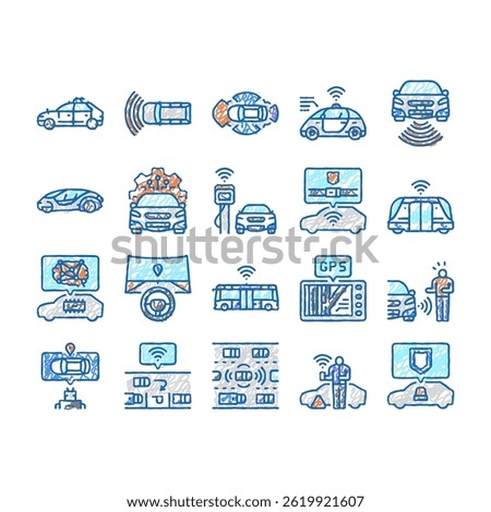 car self vehicle drive smart auto doodle icons set vector. driverless autonomus technology sensor, future automatic system, road transport car self vehicle drive smart auto sketch hand drawn