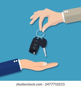 Car seller hand giving key to buyer. car rental or sale concept. Vector illustration in flat style