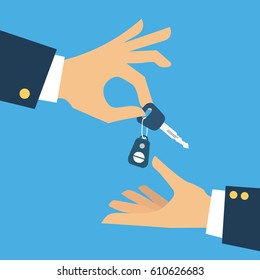 Car seller hand giving key to buyer. Car rental or sale concept. Vector illustration in flat style