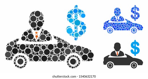 Car seller mosaic of small circles in various sizes and shades, based on car seller icon. Vector round dots are united into blue mosaic. Dotted car seller icon in usual and blue versions.