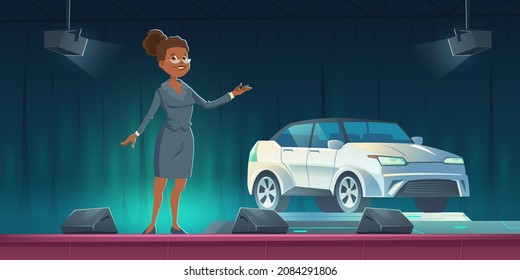 Car seller presenting modern automobile on show room stage, auto presentation in salon or exhibition with saleswoman and vehicle on scene with spotlights and curtains, Cartoon vector illustration