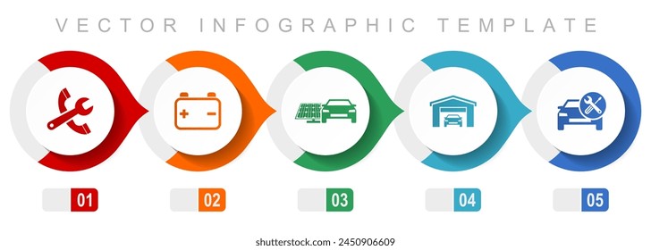 Car serivce flat design infographic template, miscellaneous symbols such as tools, workshop, battery and renewable energy, vector icons collection