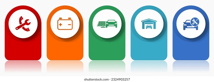 Car serivce icon set, miscellaneous vector icons such as tools, workshop, battery and renewable energy, modern design infographic template, web buttons in 5 color options