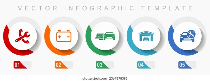 Car serivce icon set, miscellaneous icons such as tools, workshop, battery and renewable energy, flat design vector infographic template, web buttons in 5 color options