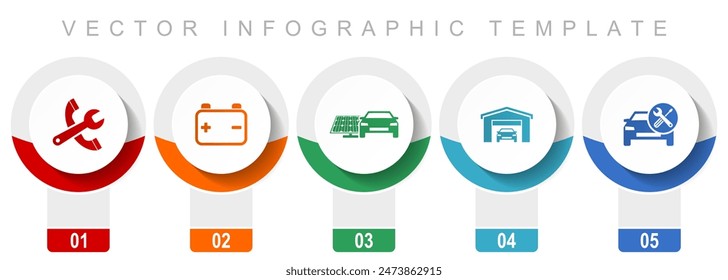 Car serivce icon set, miscellaneous vector icons such as tools, workshop, battery and renewable energy, modern design infographic template, web buttons in 5 color options