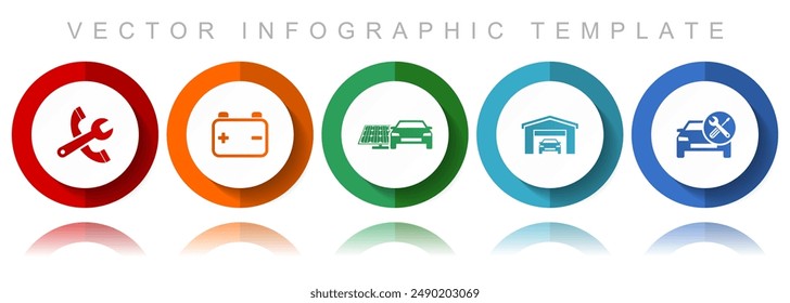 Car serivce vector icon collection, miscellaneous icons such as tools, workshop, battery and renewable energy, flat design infographic template in eps 10