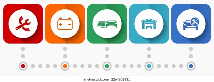 Iconos vectoriales de servicio de coches, colección de botones web de diseño plano de taller, plantilla de infografía de concepto de negocio