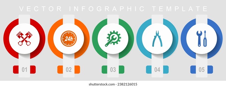 Car serivce and workshop flat design icon set, miscellaneous icons such as pistons, pillers, spanner and tools, vector infographic template, web buttons collection