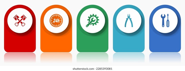 Car serivce and workshop icon set, flat design miscellaneous colorful icons such as pistons, pillers, spanner and tools for webdesign and mobile applications, infographic vector template in eps 10