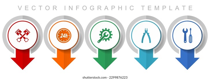 Juego de iconos de taller y servicio de coches, iconos de punteros diversos como pistones, saqueadores, spanner y herramientas para diseño web y aplicaciones móviles, plantilla de vectores de infografía de diseño moderno