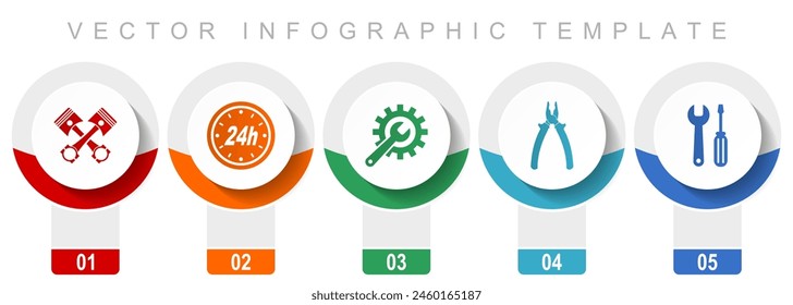 Conjunto de iconos de servicio de coche y taller, varios iconos vectoriales como pistones, pilotes, llave inglesa y herramientas, Plantilla de infografía de diseño moderno, Botones de Web en 5 opciones de color