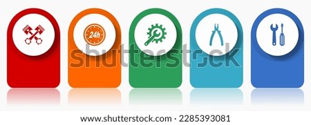Car serivce and workshop icon set, flat design miscellaneous colorful icons such as pistons, pillers, spanner and tools for webdesign and mobile applications, infographic vector template in eps 10 Foto stock © 