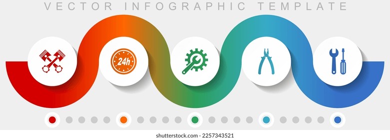 Plantilla vectorial de infografía de taller y servicio de coches con conjunto de iconos, iconos diversos como pistones, saqueadores, spanner y herramientas para diseño web y aplicaciones móviles