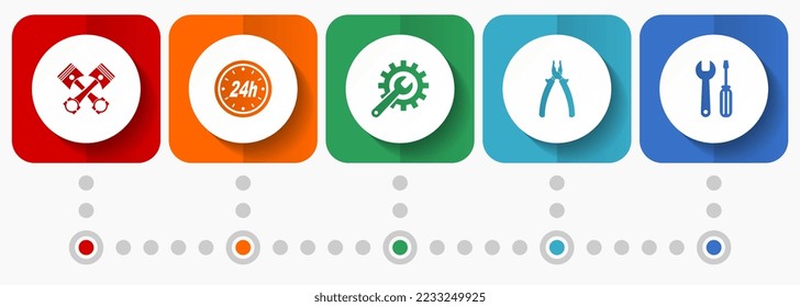 Car serivce and workshop vector icons, auto repair flat design web buttons collection, business concept infographic template