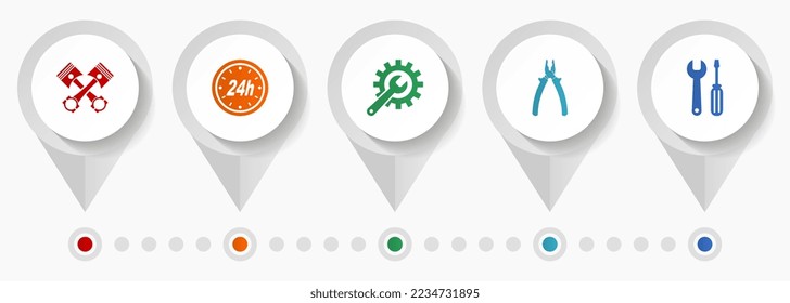Vektorsymbole für Automobile und Werkstätten, Web-Zeiger-Kollektion für automatische Reparatur, Infografik für Geschäftskonzepte