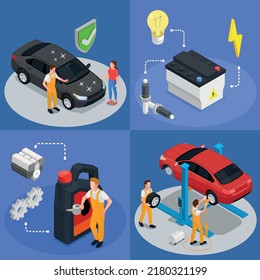 Car service 2x2 isometric design concept set of four square compositions illustrated inspection maintenance tire service vector illustration