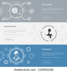 car service 3 horizontal webpage banners template with inflate tire, painting work, technician concept icons. Flat modern isolated icon illustration.