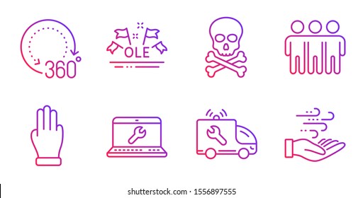 Car service, 360 degrees and Friendship line icons set. Three fingers, Ole chant and Chemical hazard signs. Laptop repair, Wind energy symbols. Repair service, Panoramic view. Business set. Vector