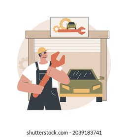 Ilustración del vector de concepto abstracto del servicio de automóvil. taller de reparación de coches, empresa de mantenimiento y de detalles de vehículos, servicio de reparación de automóviles, diagnóstico de motores, transporte de reparación de metáforas abstractas.