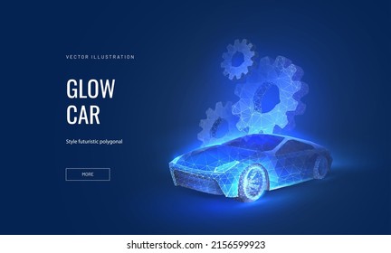 Car service in abstract futuristic style. Part of the mechanism of the car, the concept of car service and technological innovation. Vector illustration with light effect and neon.