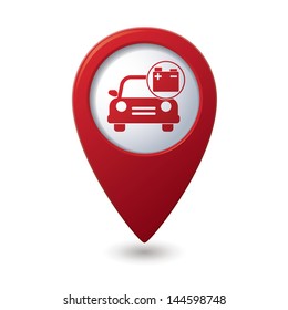 Car service. Car with accumulator icon on red map pointer.