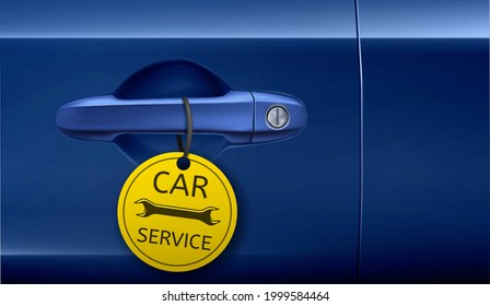 Car service ad banner, door handle with yellow tag and wrench image. Mechanic garage, auto repair concept with blue vehicle doorway knob, automobile transport fixing, Realistic 3d vector illustration