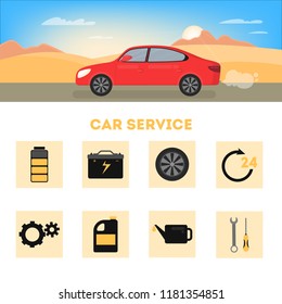 Car service advertising banner. Different types of service: oil and tire change, auto diagnostics and repair. Red car driving on te desert background. Vector illustration in cartoon style