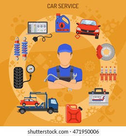 Car Service and Assistance Concept with Flat Icons Mechanic and Tools. Vector illustration.