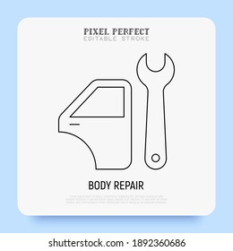 Car Service: Auto Body Repair Super Thin Line Icon. Car Door And Wrench. Pixel Perfect, Editable Stroke. Vector Illustration.