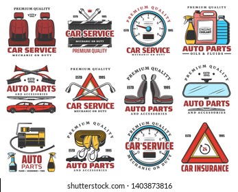 Car service auto center and automobile spare parts shop icons. Vector vehicle mechanic repair garage station, engine oil, car fluids, tire wheel lug wrench, tow truck service and car insurance