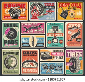 Car service and auto center vintage signboard. Vector retro design of car engine oil service, tire fitting or pumping and mechanic repair or spare parts store, keys, battery or oil