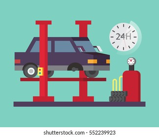 Car service. Auto diagnostics and transport repair, tire change. Vector illustration