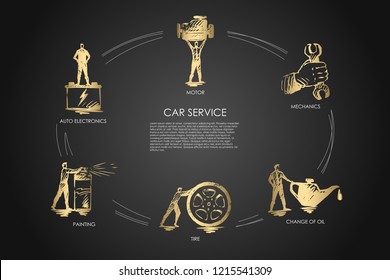 Car service - auto electronics, painting, tire, change of oil, mechanics, motor vector concept set. Hand drawn sketch isolated illustration