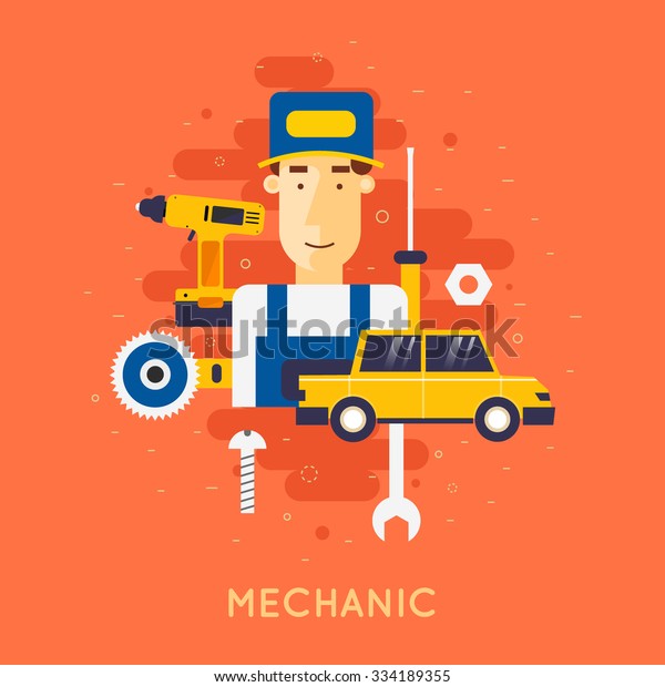 Car\
service. Auto mechanic repair of machines and equipment. Car\
diagnostics. Vector illustration and flat\
icons.