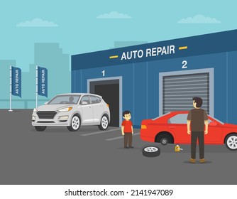 Car Service And Auto Repair Building. White Suv Car Is Leaving The Auto Service Area. Boy Is Helping To His Father To Change Flat Tyre. Flat Vector Illustration Template.