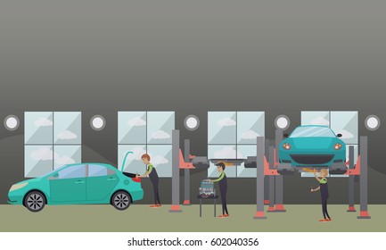 Car service, auto repair concept vector illustration. Workers repairing and changing auto spare parts design elements in flat style.