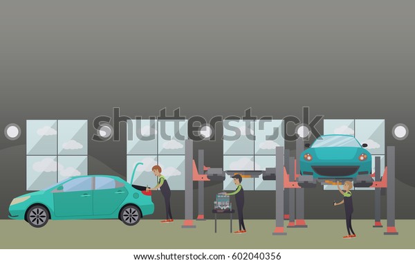 Car service, auto repair concept vector\
illustration. Workers repairing and changing auto spare parts\
design elements in flat\
style.