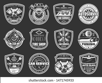 Car service, auto repair, spare parts and tire shop vector badges. Vehicle engine, wheel and motor oil, battery, piston and brakes, exhaust stack, spanner and wrench, rim, spark plugs and windscreen