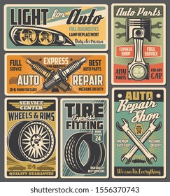 Car service and auto repair spare parts retro posters. Vector wheel, tire and rim, vehicle engine piston, wrench and spanner, spark plugs and automobile lights. Mechanic garage and workshop design