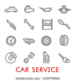 Car service and auto repair thin line icon set. Wheel, vehicle engine and oil, mechanic tool box, wrench and break, gear, tire and spanner, spark, speedometer and key for transportation themes design