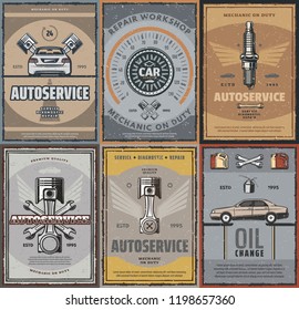 Car service, auto spare parts shop and repair workshop retro posters. Vector vintage design for transport engine, speedometer or sparks plug, oil change and mechanic service or garage station