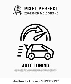 Car service: auto tuning, restyling, upgrade. Fast car with speedometer. Thin line icon. Pixel perfect, editable stroke. Vector illustration.