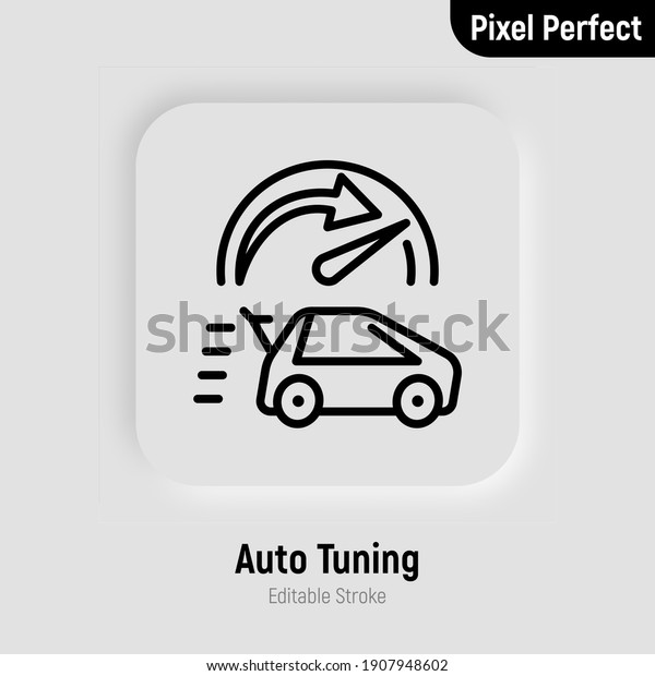 Car service: auto tuning, restyling,\
upgrade. Fast car with speedometer. Thin line icon. Pixel perfect,\
editable stroke. Vector\
illustration.
