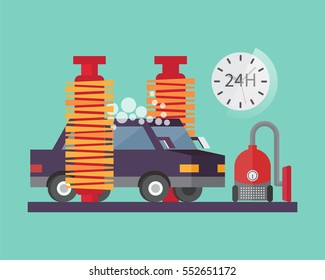 Car service. Auto wash and transport cleaning. Vector illustration