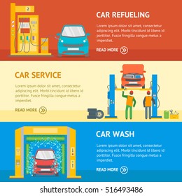 Car Service Automobile Banner Horizontal Set Flat Design Style. Vector illustration of car washing, workers, tire service, car repair of vehicles shelves, refuel. 