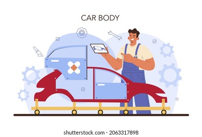 Car service. Automobile got fixed in garage. Mechanic in uniform check a vehicle and repair it. Straightening and car denting. Flat vector illustration.
